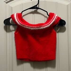 F21 red fuzzy top with white strips